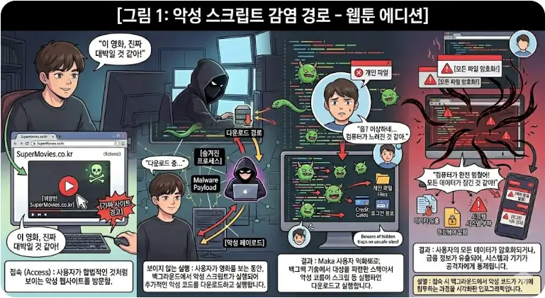 불법 사이트 내 악성 스크립트 실행 경로 예시