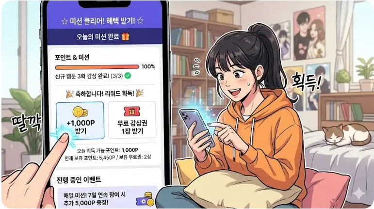 정식 웹툰 플랫폼의 포인트 적립 및 이벤트 참여 화면
