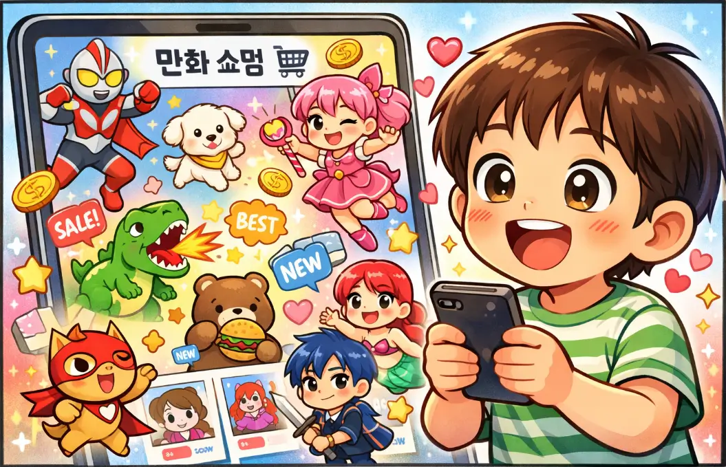 스마트폰으로 만화 쇼핑을 하는 아이