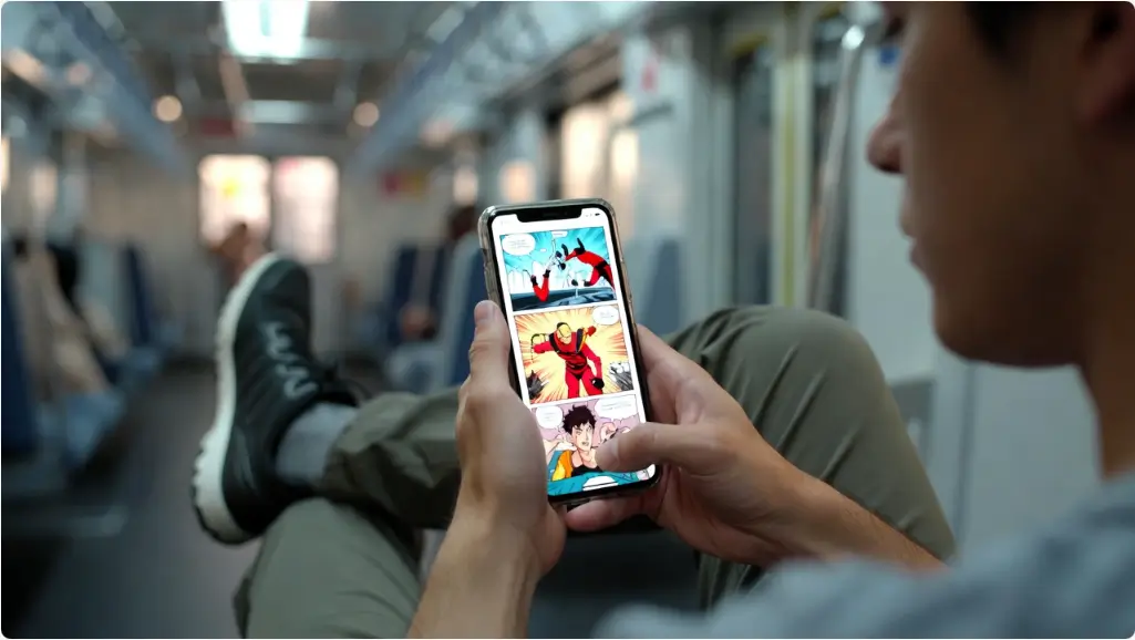 대중교통에서 스마트폰으로 만화를 즐기는 모습