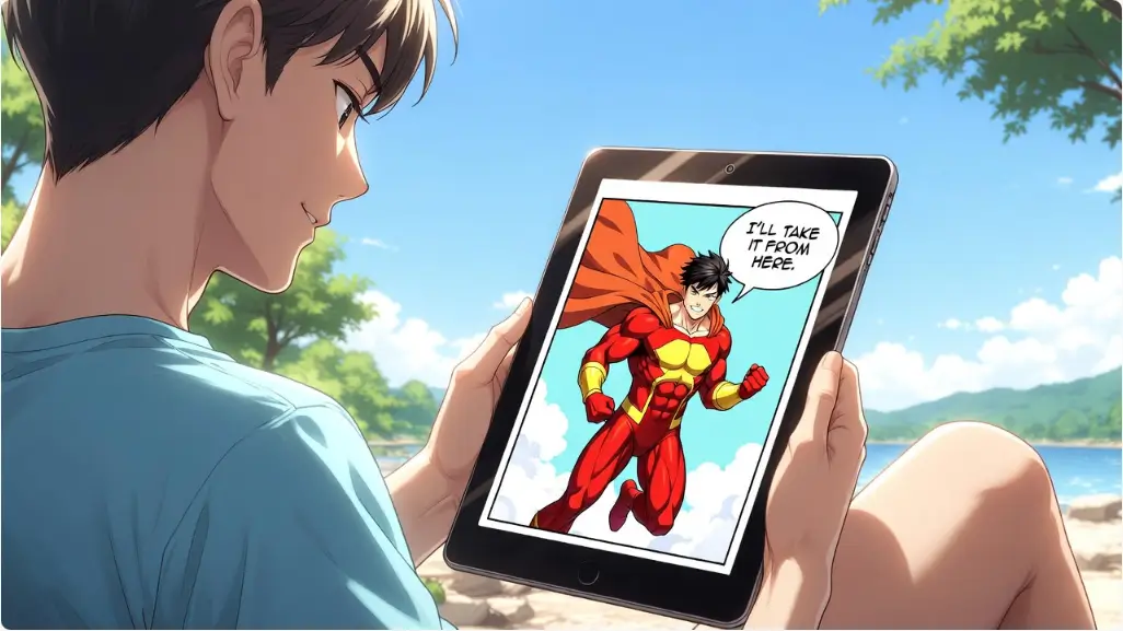 야외에서 태블릿으로 감상하는 모습