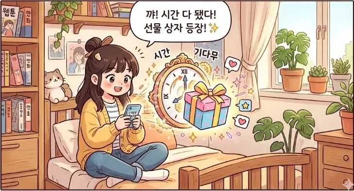 시계 바늘이 돌아가며 선물 상자로 변하는 귀여운 그림