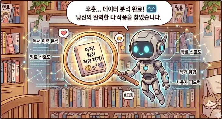 AI 로봇이 돋보기를 들고 수많은 만화책 중 하나를 고르는 그림