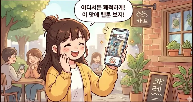 야외에서 한 손으로 휴대폰을 들고 즐겁게 웃는 사용자
